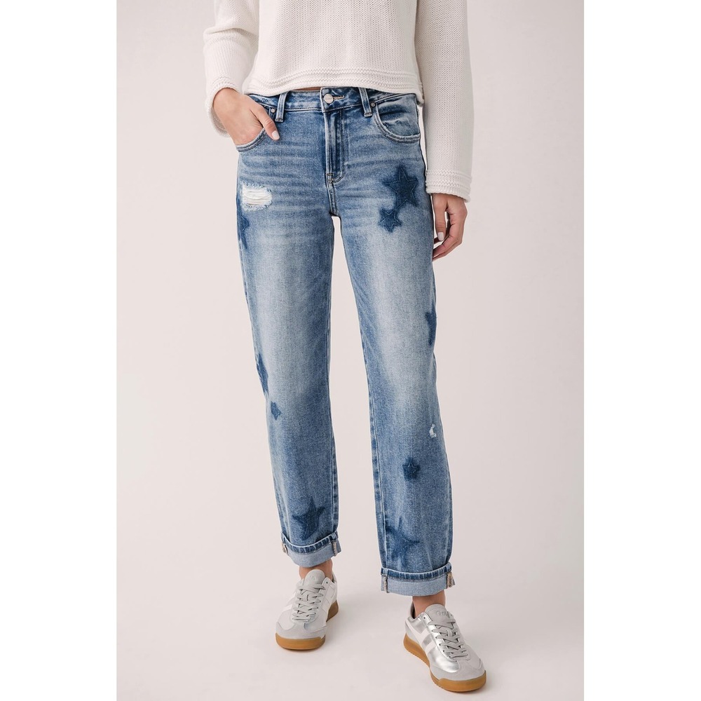 Risen Celeste High Rise Star Shadow Boyfriend Jeans Blue Denim Womens 9 29